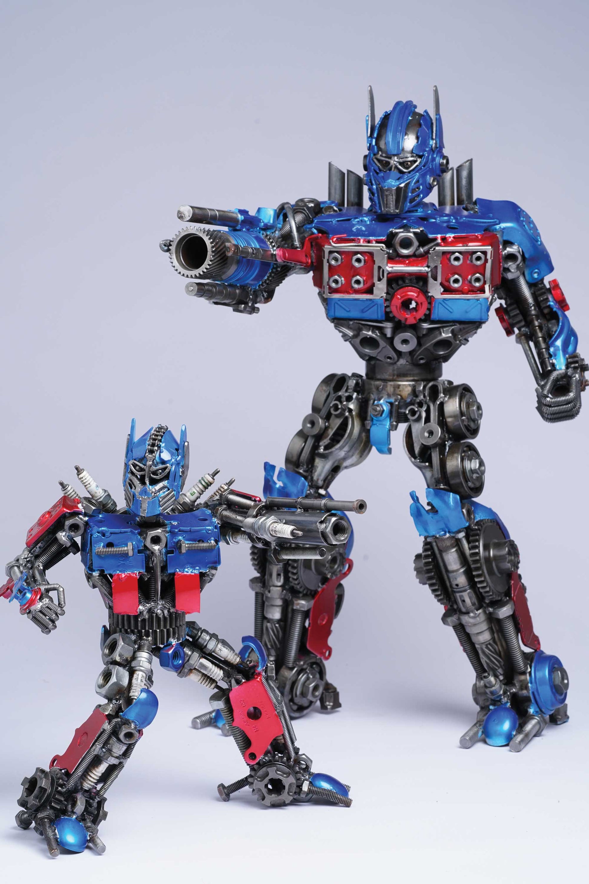Transformers Optimus Prime metal action figure hand-crafted from junk auto parts with attention to detail