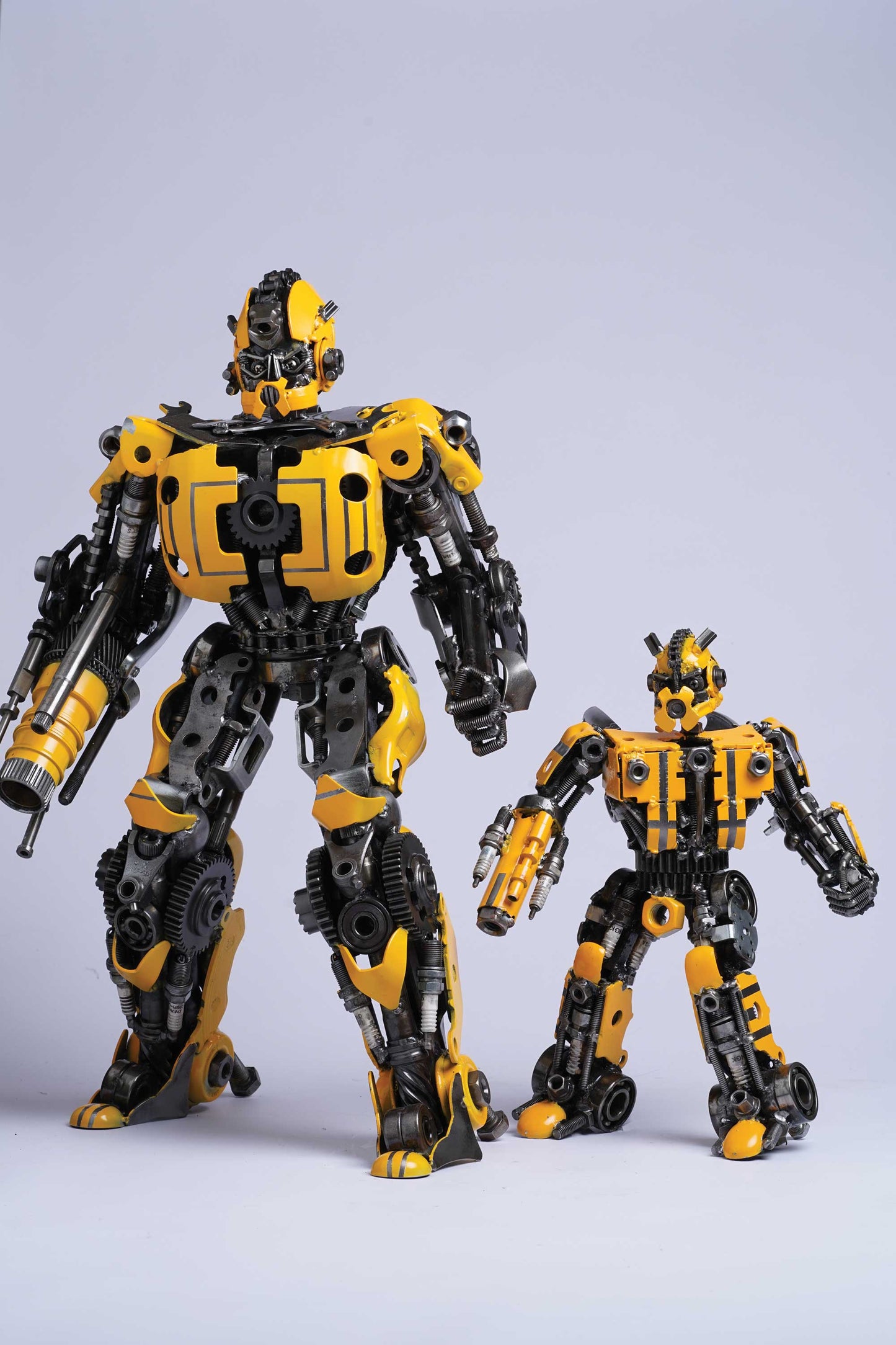Transformers Bumblebee metal action figure hand-crafted from junk auto parts with attention to detail