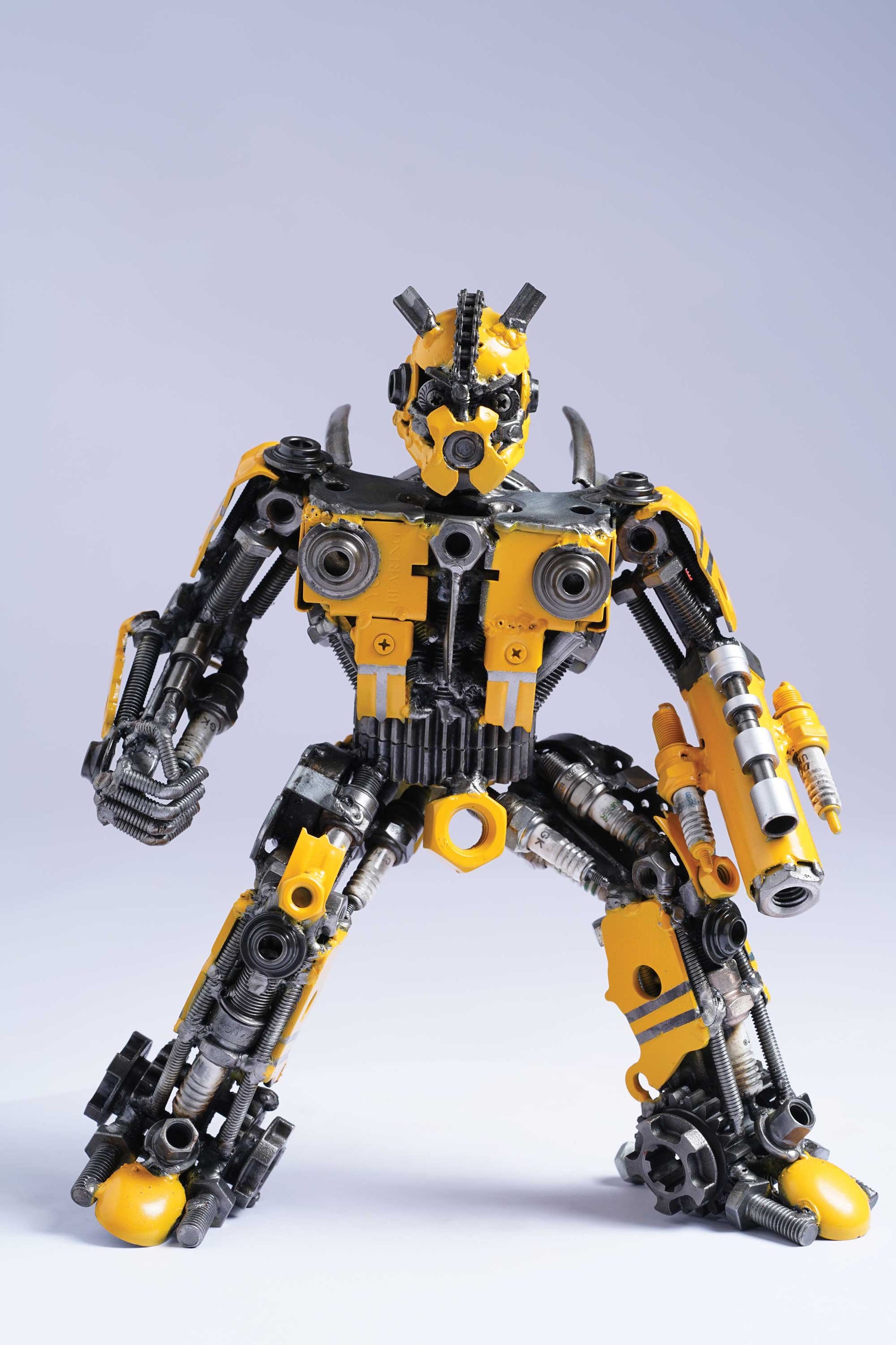 Transformers Bumblebee metal action figure hand-crafted from junk auto parts with attention to detail