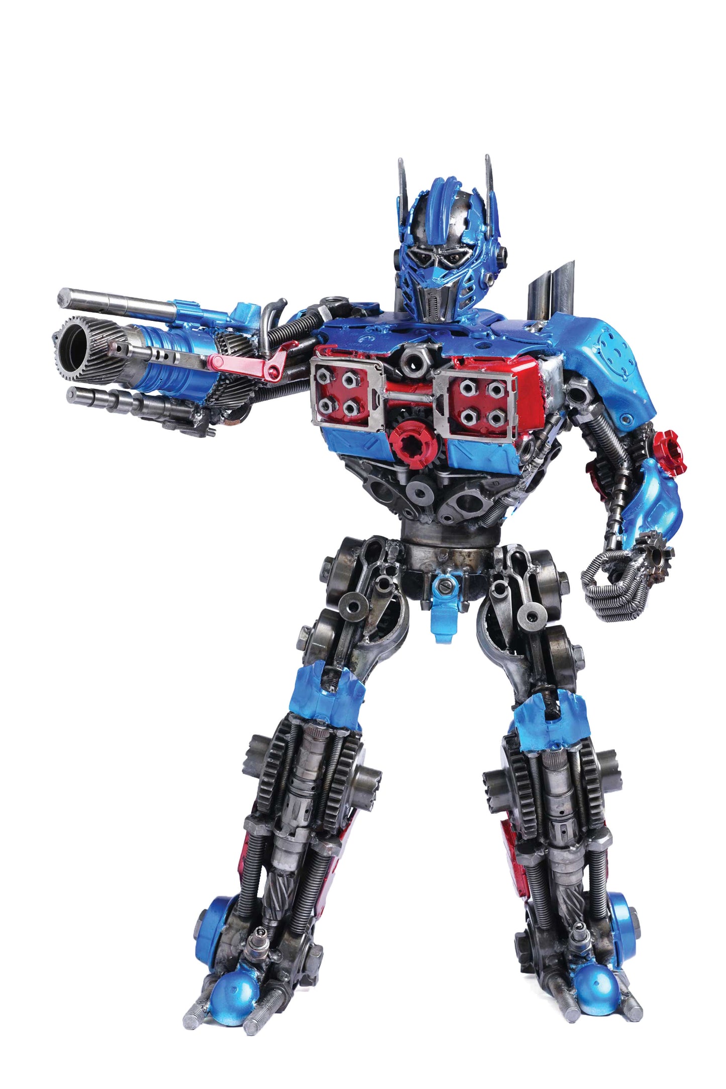 Transformers Optimus Prime metal action figure hand-crafted from junk auto parts with attention to detail