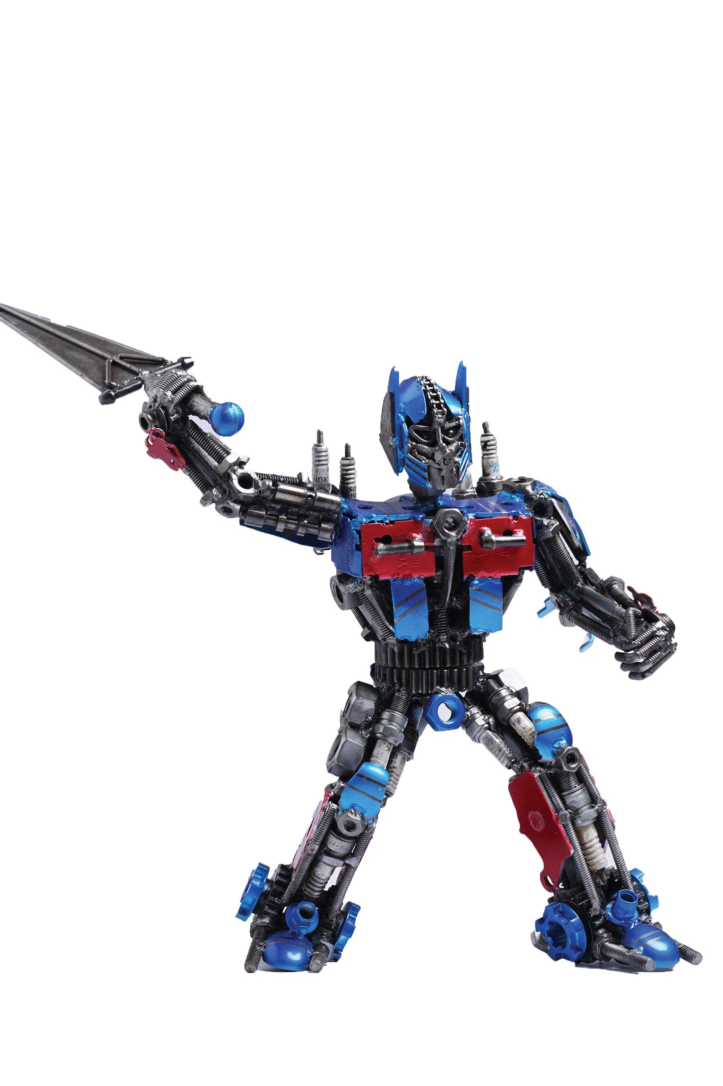 Transformers Optimus Prime metal action figure hand-crafted from junk auto parts with attention to detail