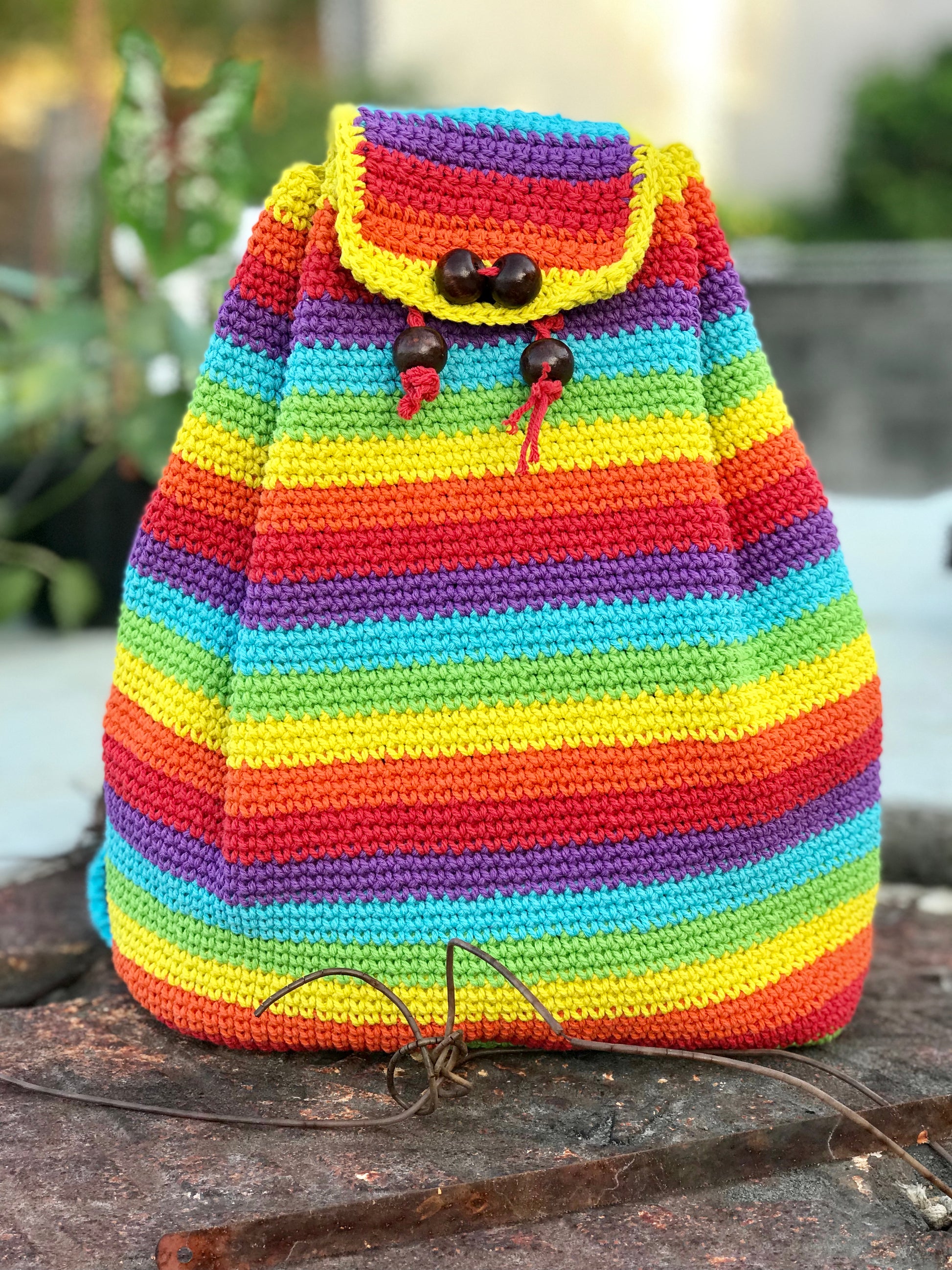 Crochet Rainbow backpack hand-crafted with crochet work