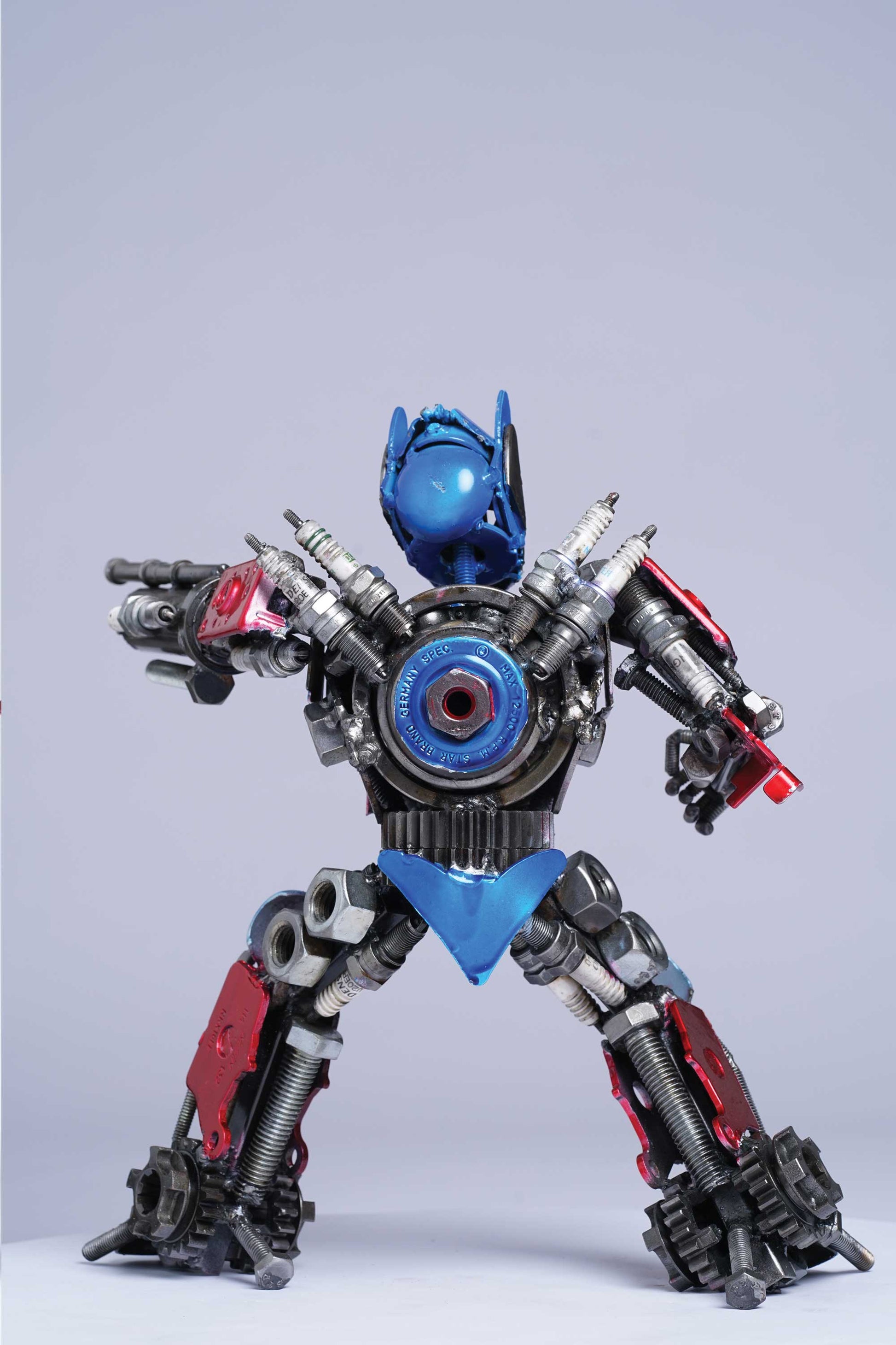 Transformers Optimus Prime metal action figure hand-crafted from junk auto parts with attention to detail