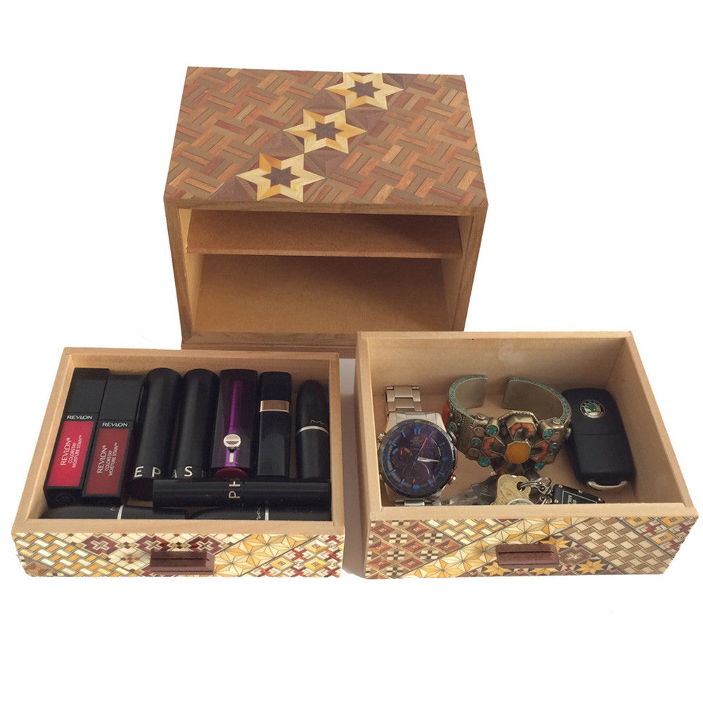 Wooden Jewelry Box with 2 Drawers and Yosegi pattern