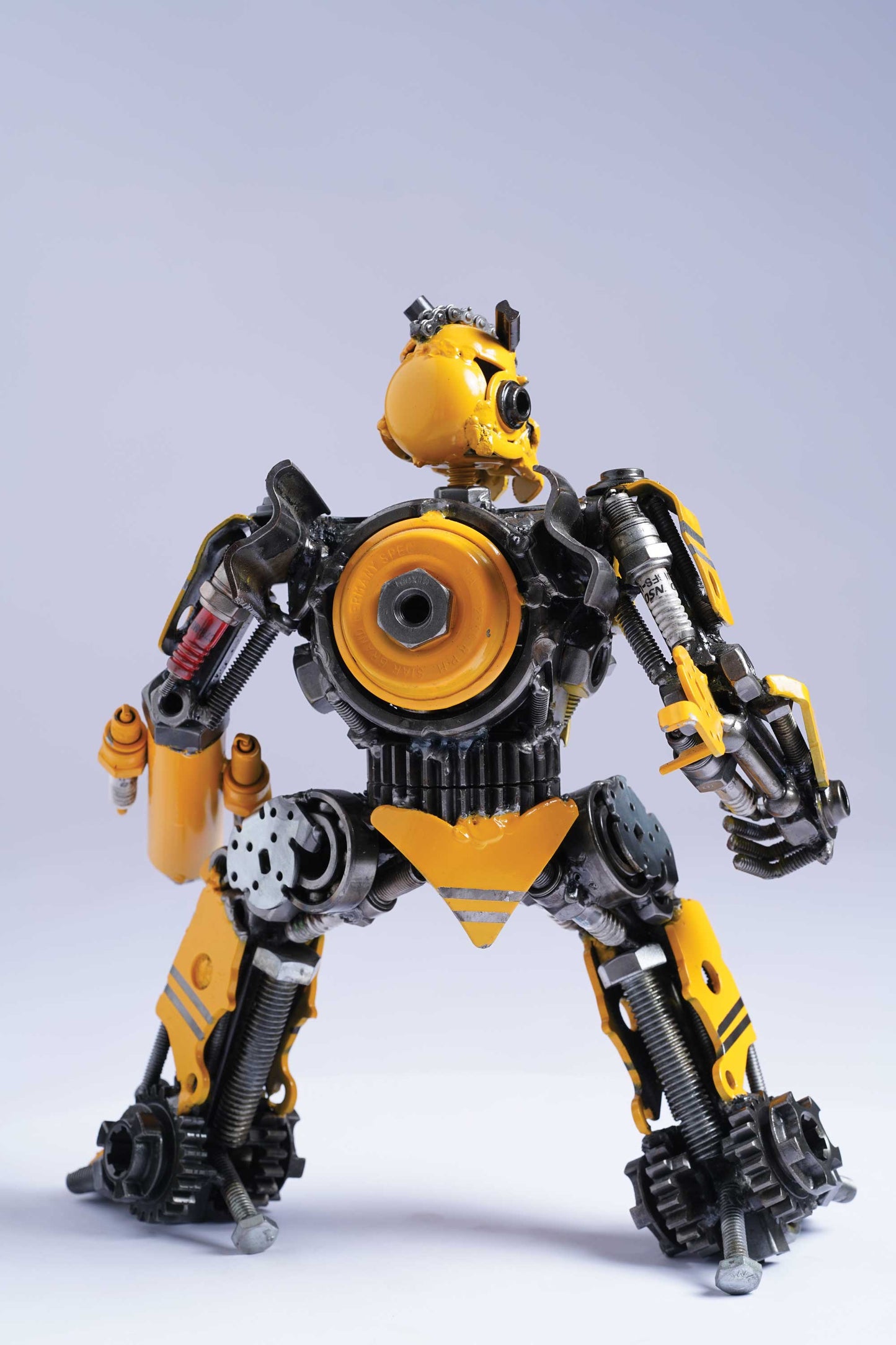 Transformers Bumblebee metal action figure hand-crafted from junk auto parts with attention to detail