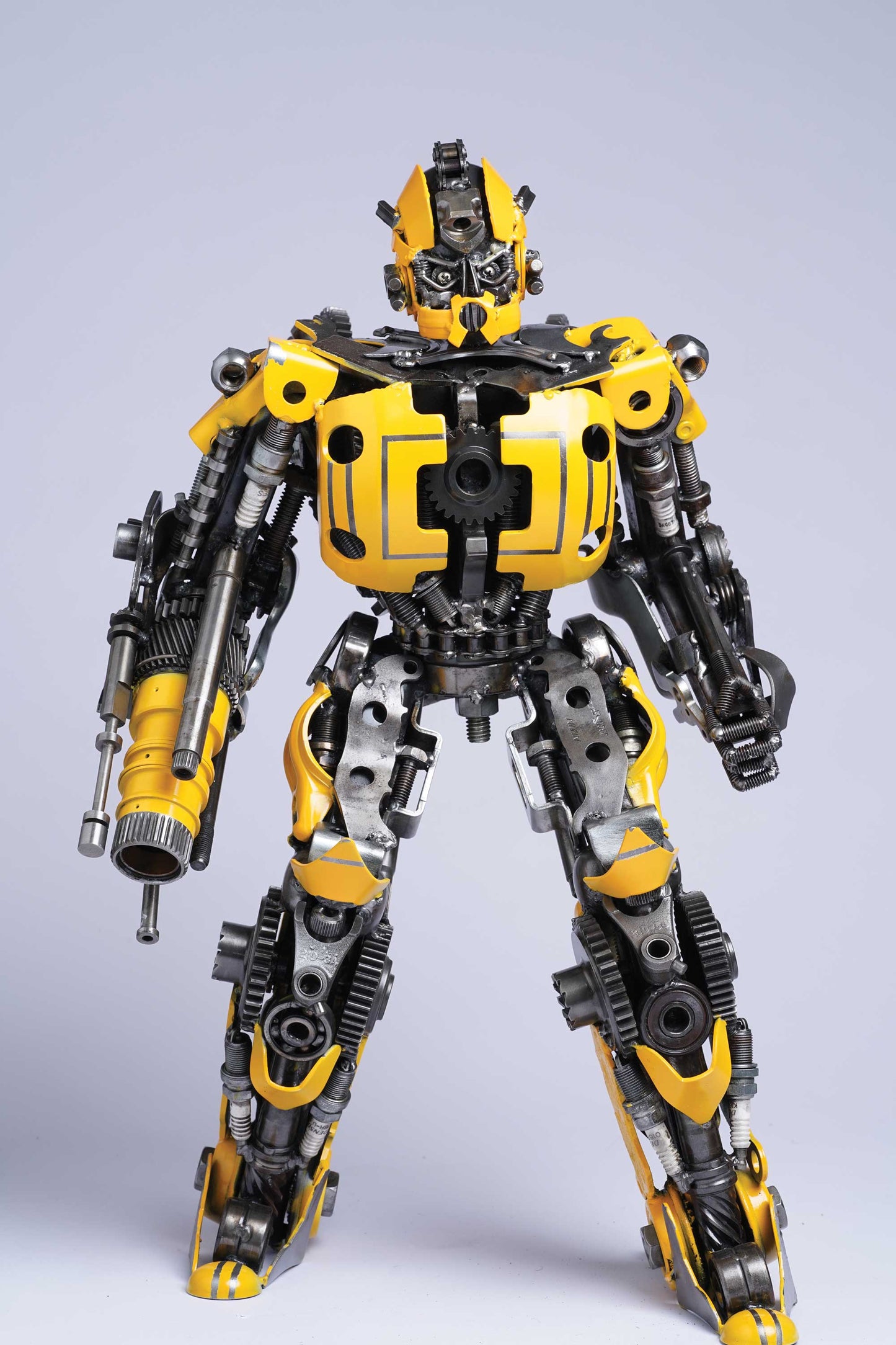 Transformers Bumblebee metal action figure hand-crafted from junk auto parts with attention to detail