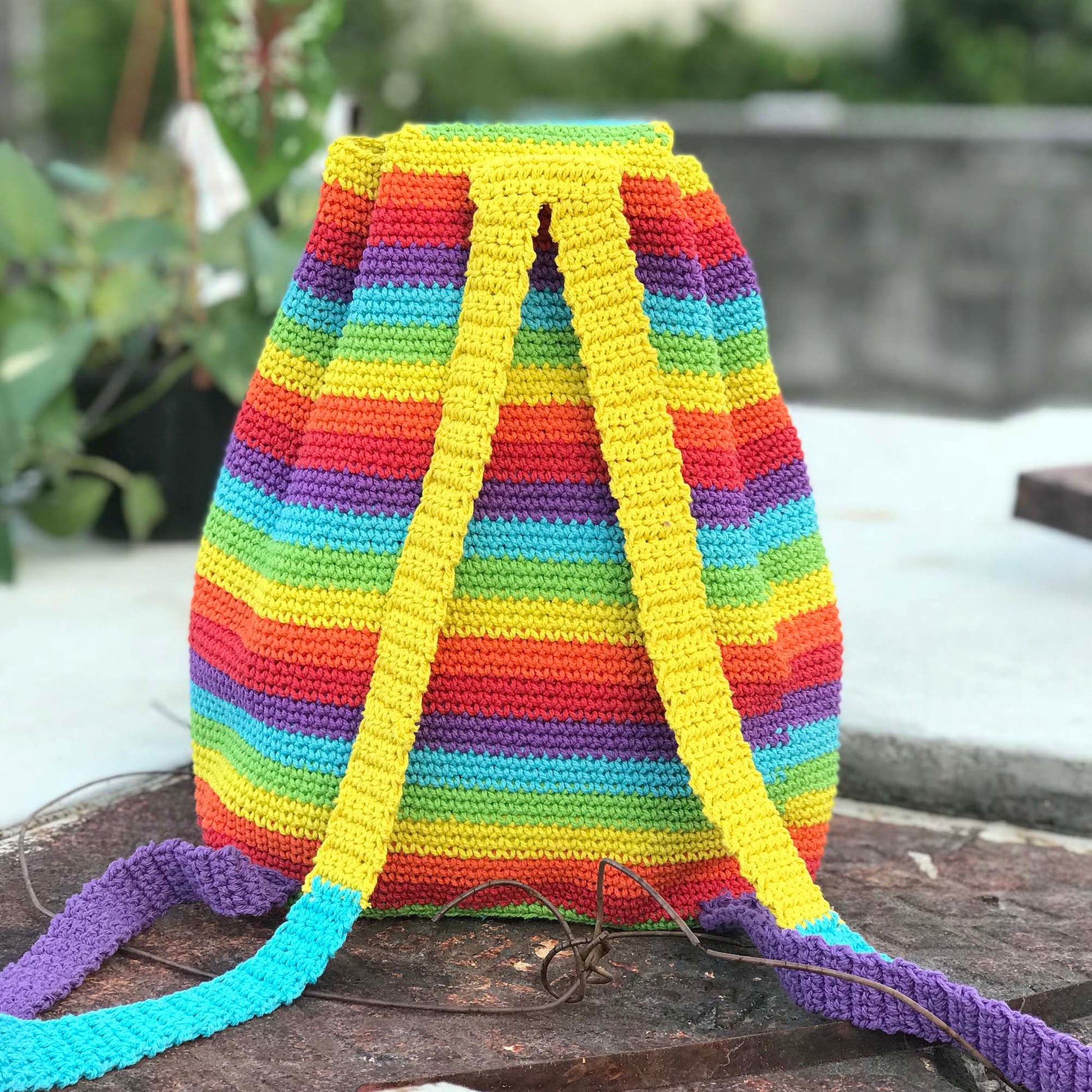 Crochet Rainbow backpack hand-crafted with crochet work