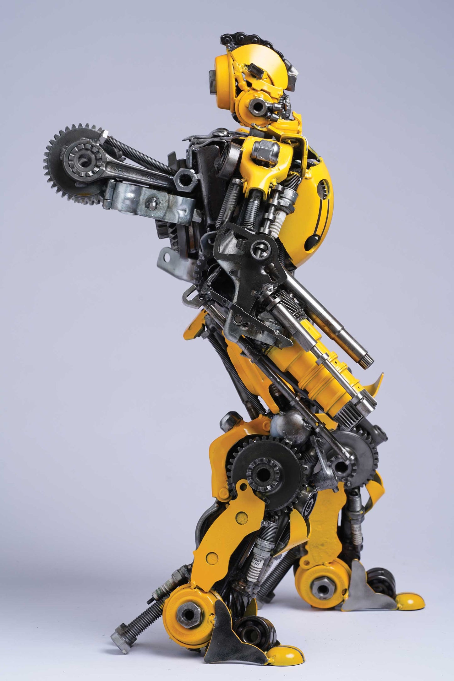 Transformers Bumblebee metal action figure hand-crafted from junk auto parts with attention to detail