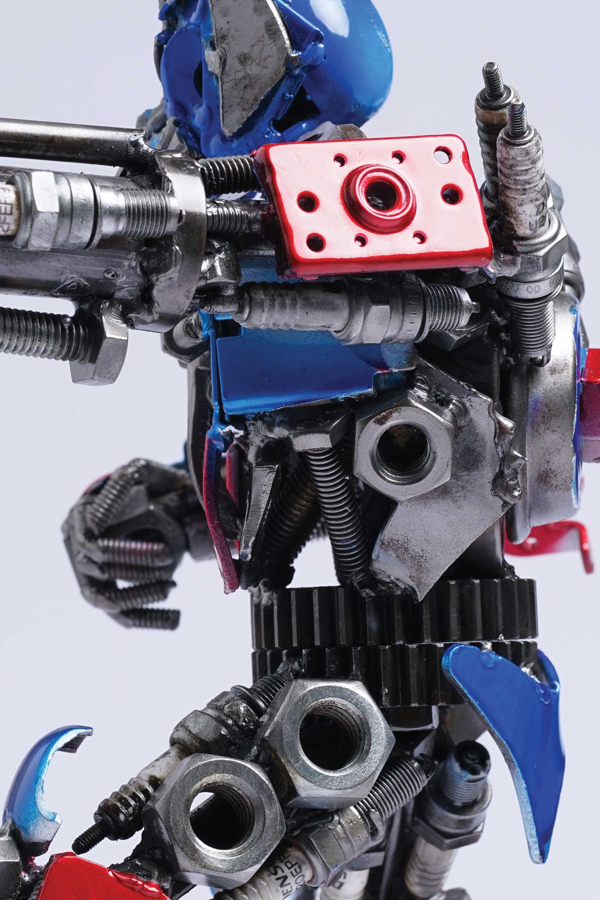 Transformers Optimus Prime metal action figure hand-crafted from junk auto parts with attention to detail