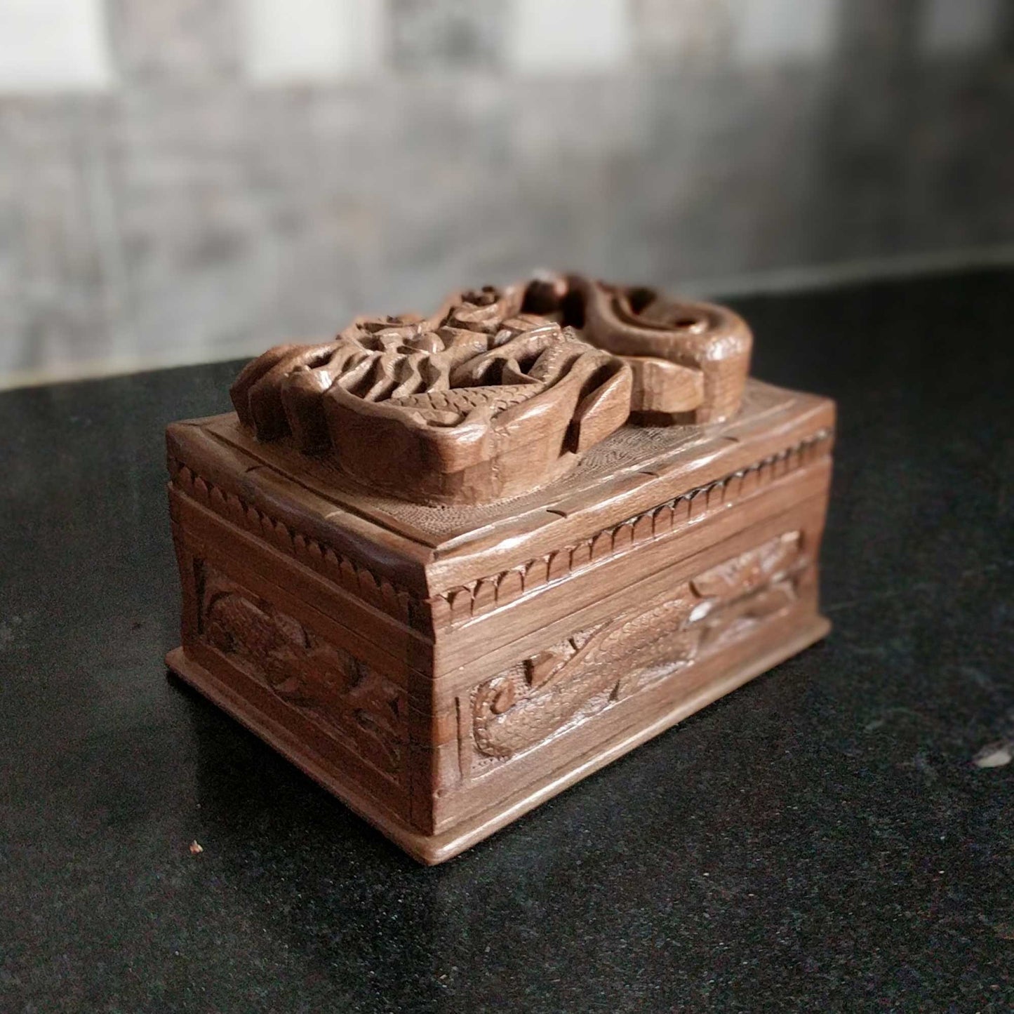 Wooden Secret Box made from Walnut Wood with dragon design