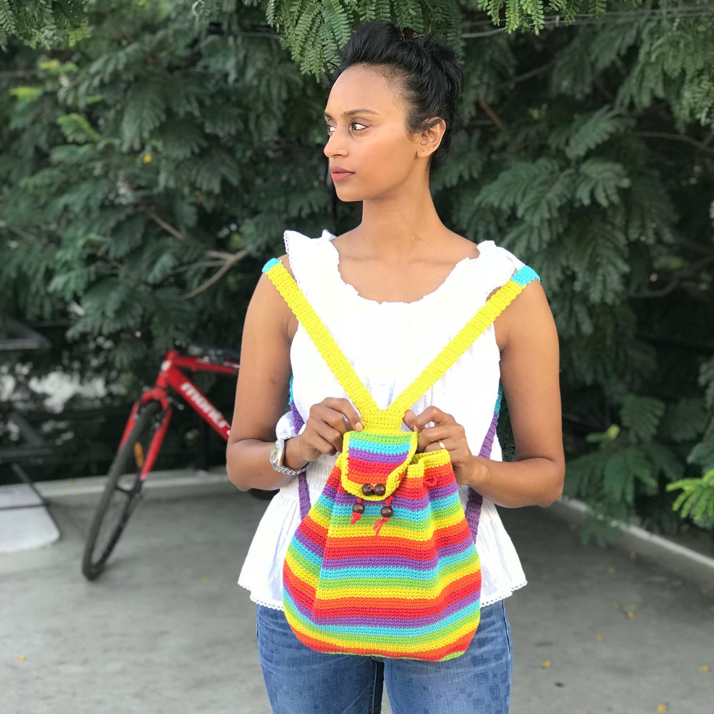 Crochet Rainbow backpack hand-crafted with crochet work