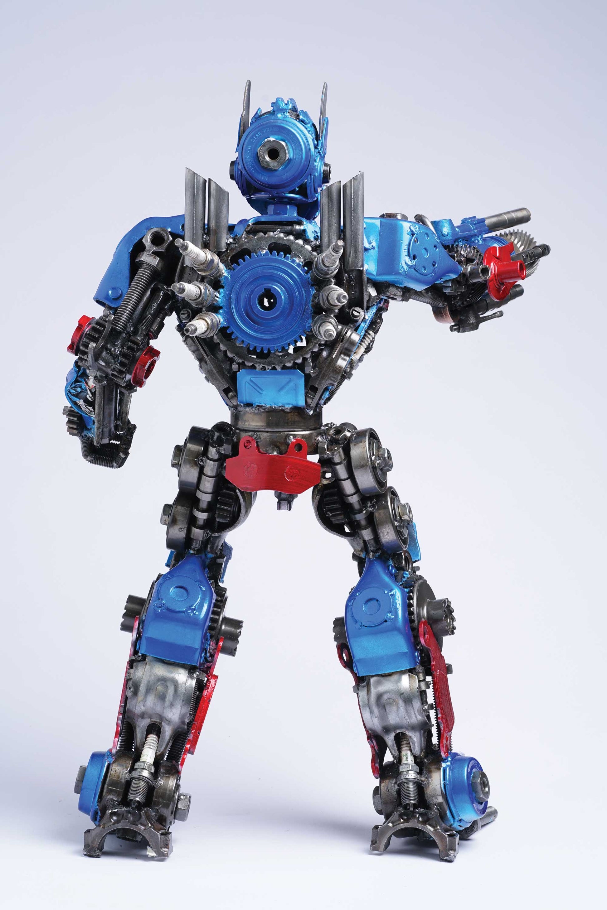Transformers Optimus Prime metal action figure hand-crafted from junk auto parts with attention to detail