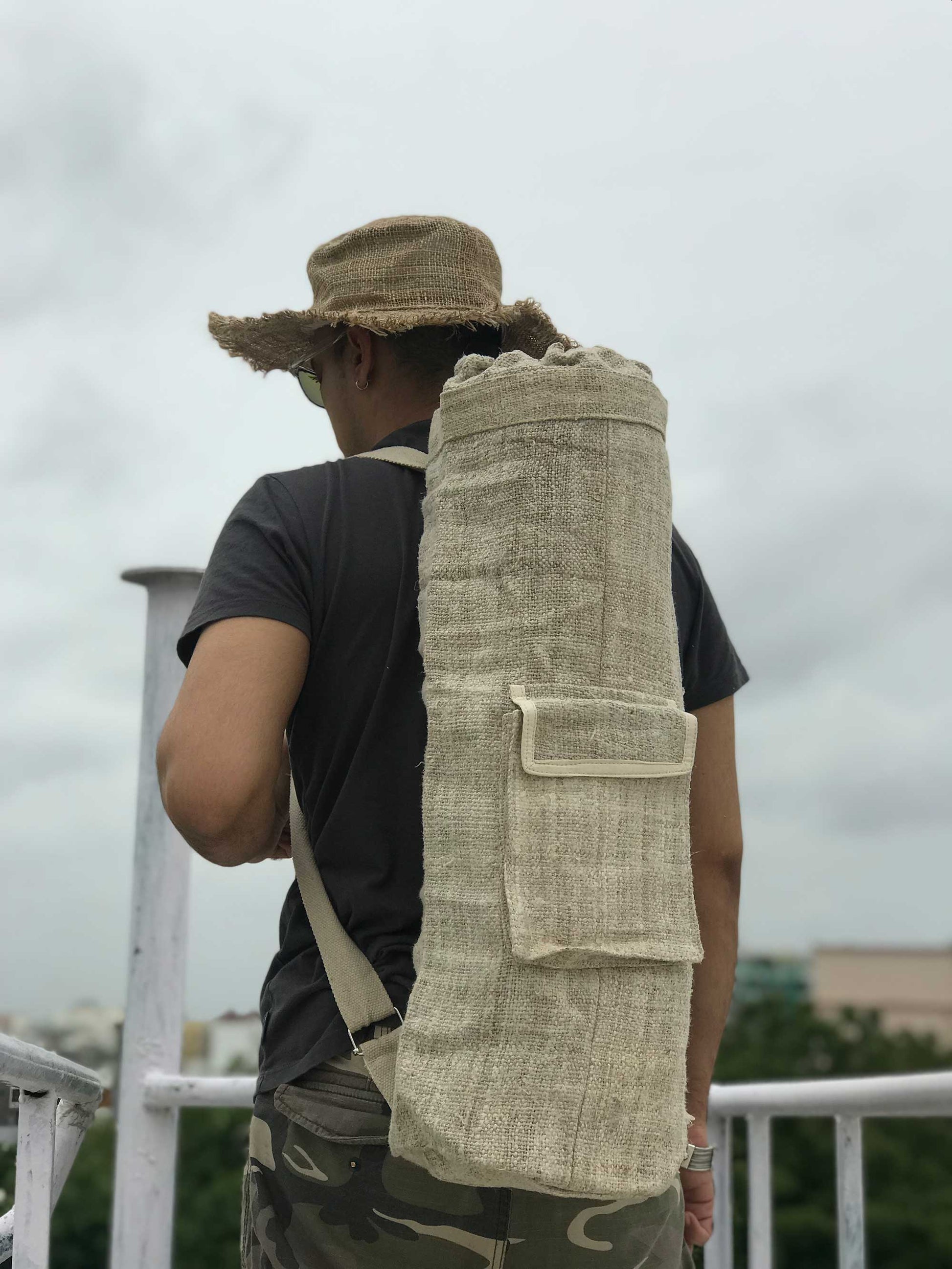 Yoga Mat Bag made from 100% pure hand woven hemp size comparison