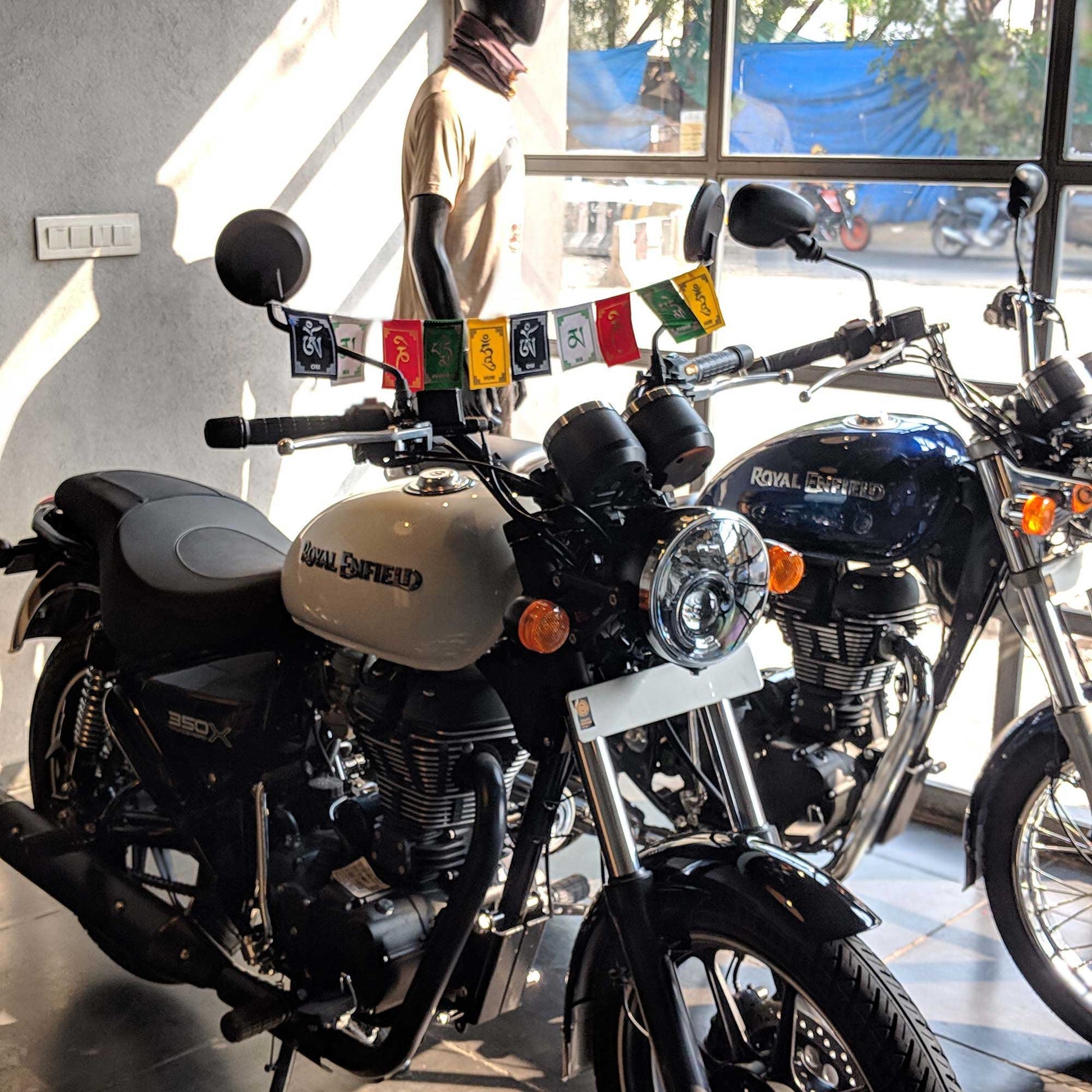 Prayer Flag Om Mani Padme Hum Velvet Mini on royal enfield