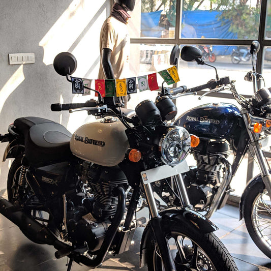 Prayer Flag Om Mani Padme Hum Velvet Mini on royal enfield