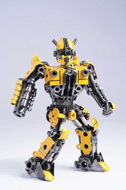 Transformers Bumblebee metal action figure hand-crafted from junk auto parts with attention to detail