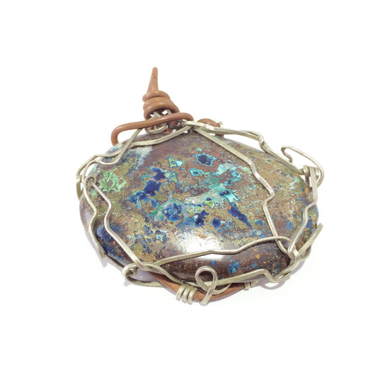 Pendant handcrafted from azurite stone, copper and brass wire