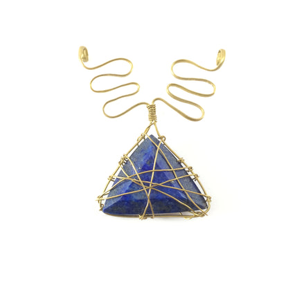 Handcrafted pendant from brass wire and blue lapis stone