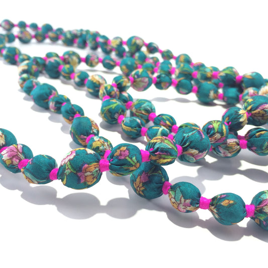 Beads necklace handcrafted from wooden beads wrapped with recycled silk saree