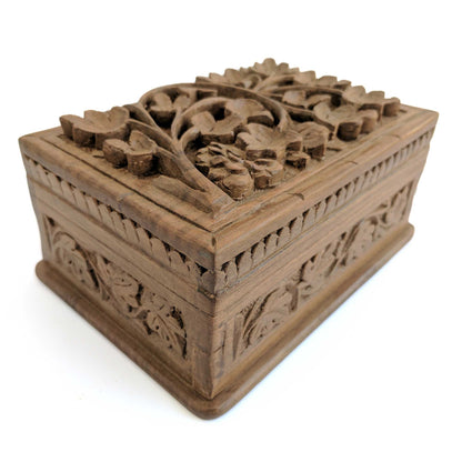 Secret Box made from walnut wood and hand carved flowers and leaves pattern to keep your jewelry safe