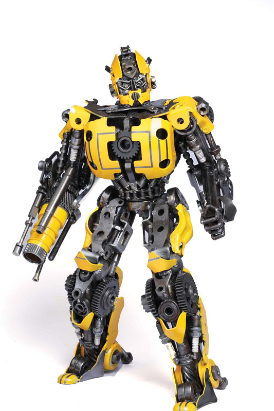Transformers Bumblebee metal action figure hand-crafted from junk auto parts with attention to detail