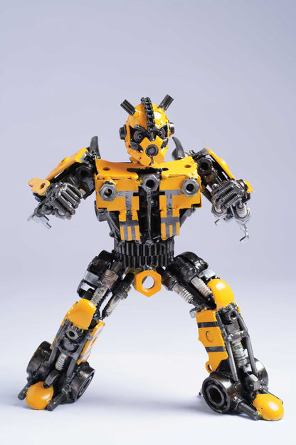 Transformers Bumblebee metal action figure hand-crafted from junk auto parts with attention to detail