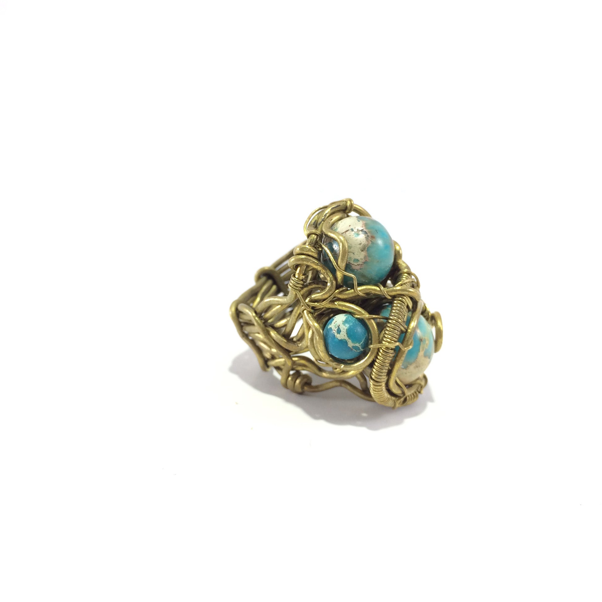 Hancrafted ring with brass wire and amazonite stone