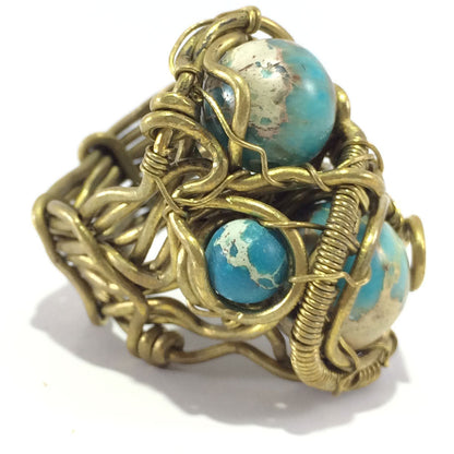 Hancrafted ring with brass wire and amazonite stone