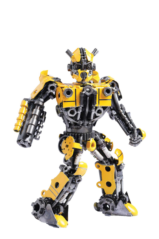 Transformers Bumblebee metal action figure hand-crafted from junk auto parts with attention to detail