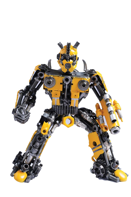 Transformers Bumblebee metal action figure hand-crafted from junk auto parts with attention to detail