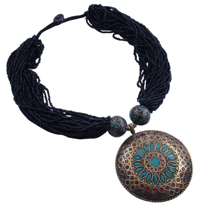 Handcrafted tibetan neckpiece from black beads and turquoise stone