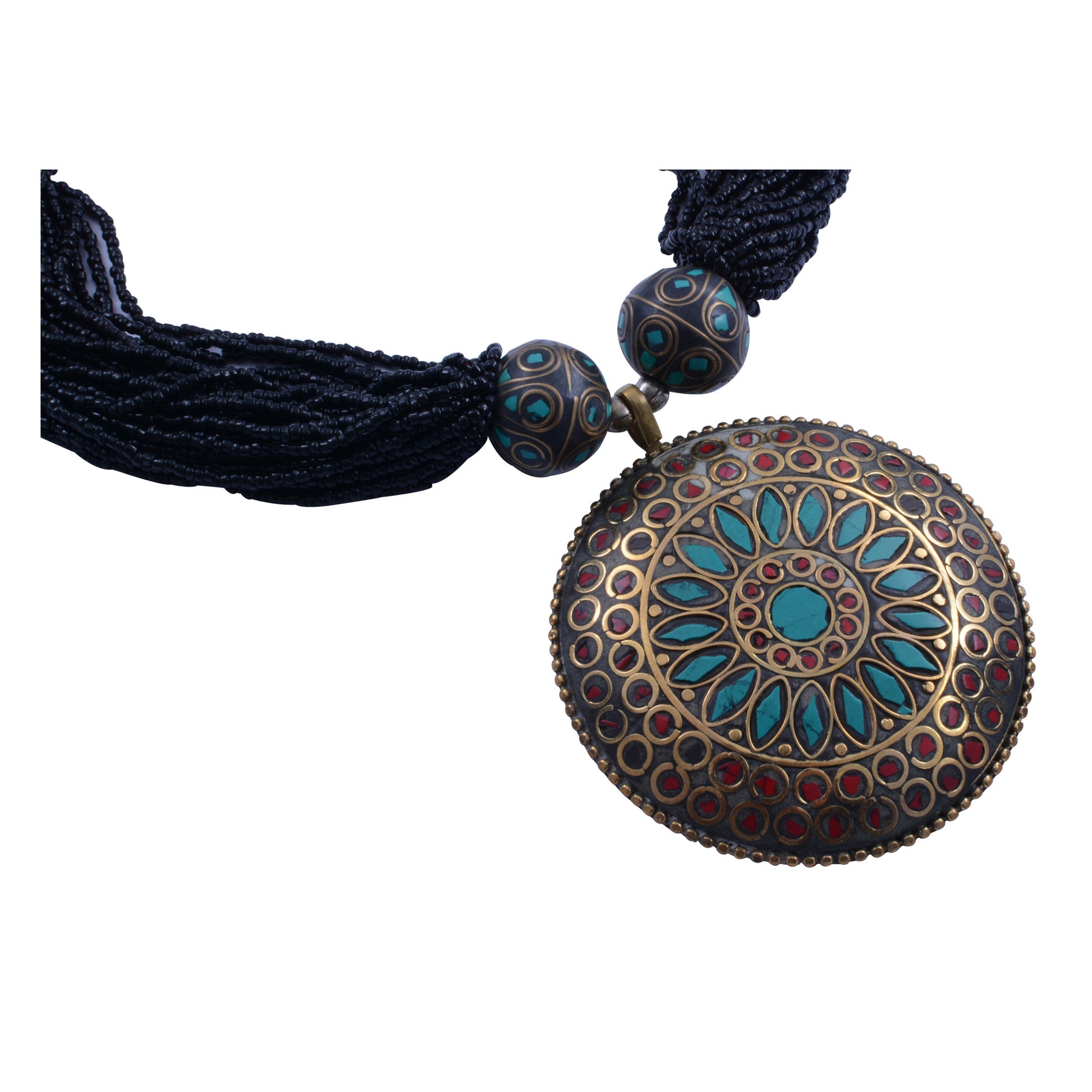 Handcrafted tibetan neckpiece from black beads and turquoise stone