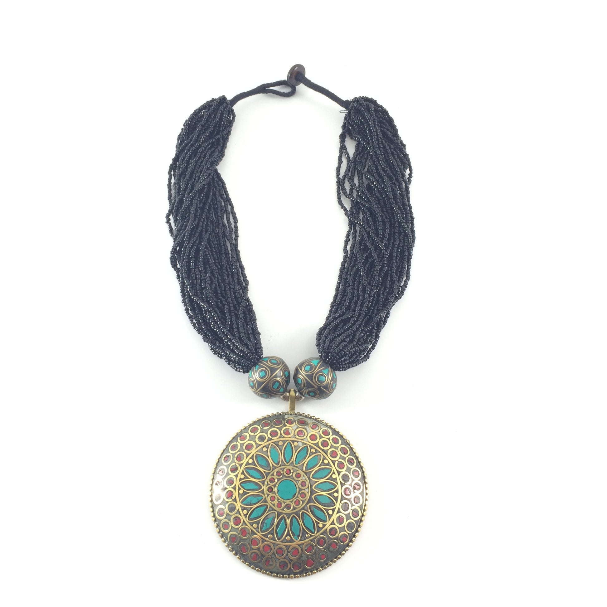 Handcrafted tibetan neckpiece from black beads and turquoise stone