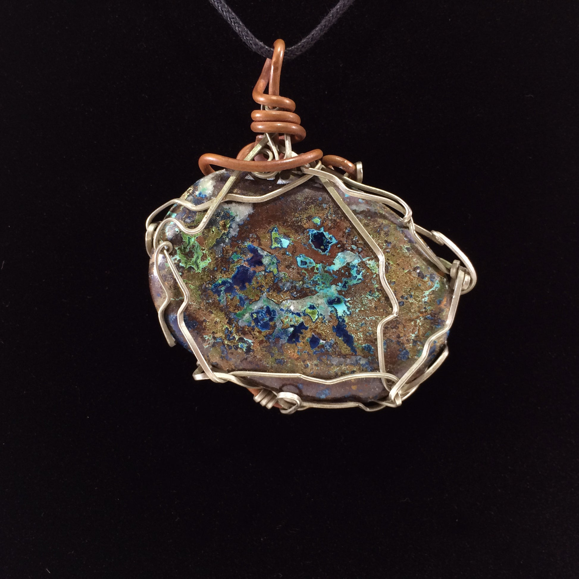 Pendant handcrafted from azurite stone, copper and brass wire