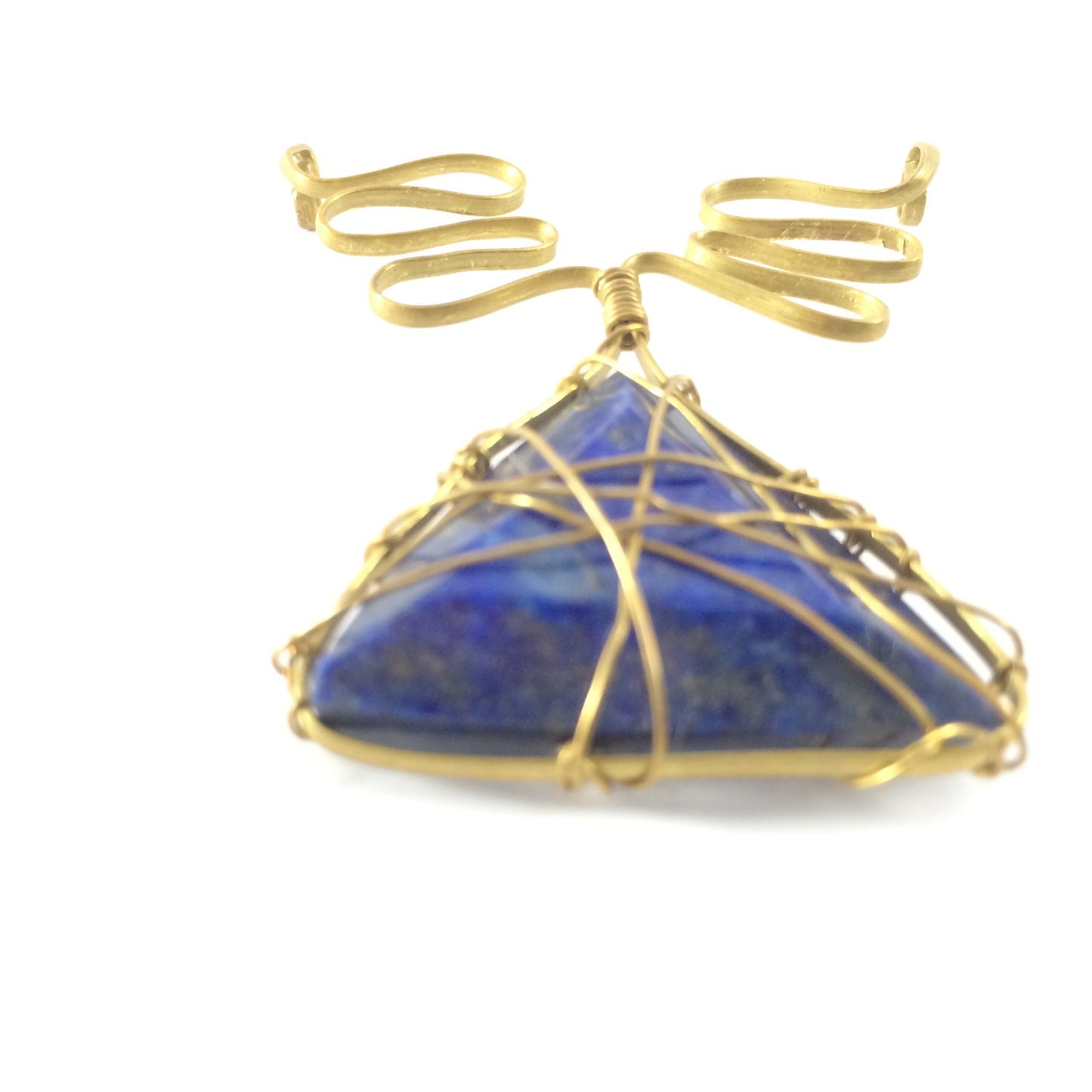 Handcrafted pendant from brass wire and blue lapis stone