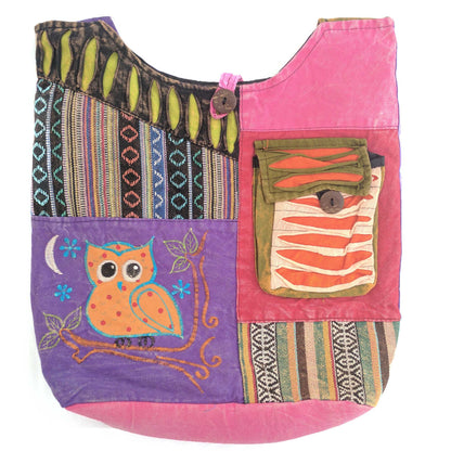 Cotton Shoulder Bag with embroidered owl