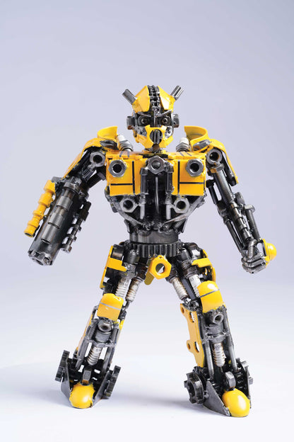 Transformers Bumblebee metal action figure hand-crafted from junk auto parts with attention to detail