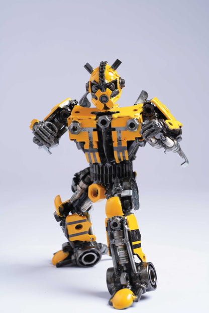 Transformers Bumblebee metal action figure hand-crafted from junk auto parts with attention to detail