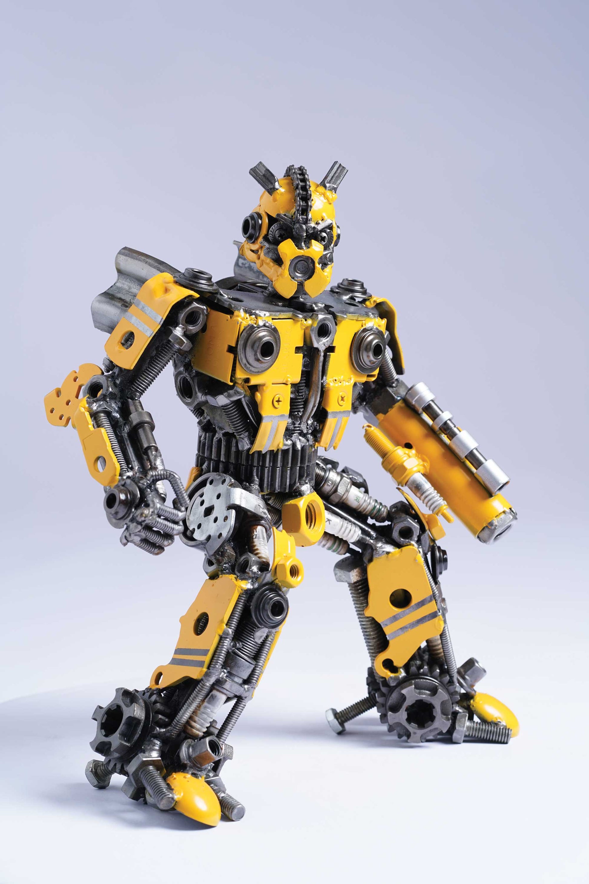 Transformers Bumblebee metal action figure hand-crafted from junk auto parts with attention to detail