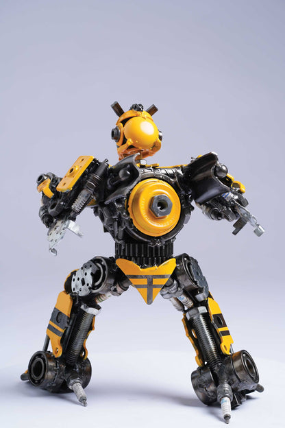 Transformers Bumblebee metal action figure hand-crafted from junk auto parts with attention to detail