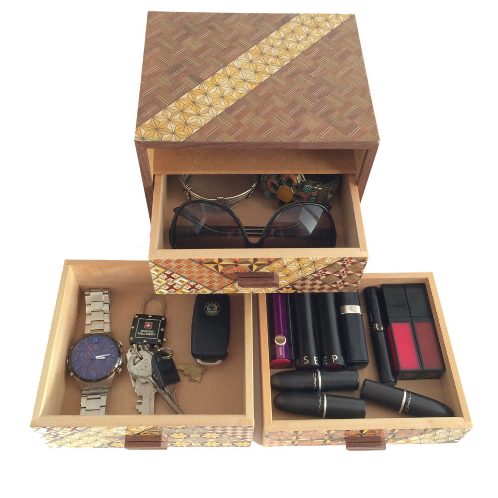 Wooden Box with 3 Drawers and Yosegi pattern