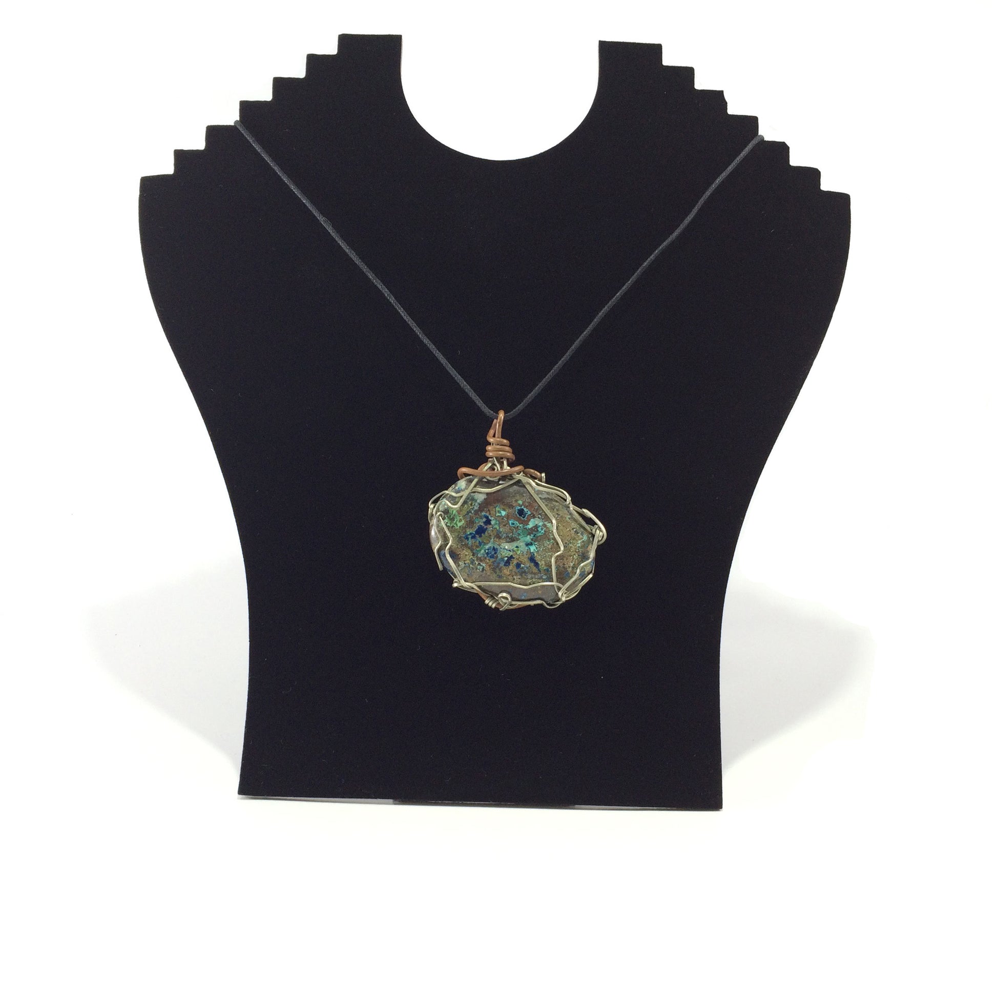 Pendant handcrafted from azurite stone, copper and brass wire