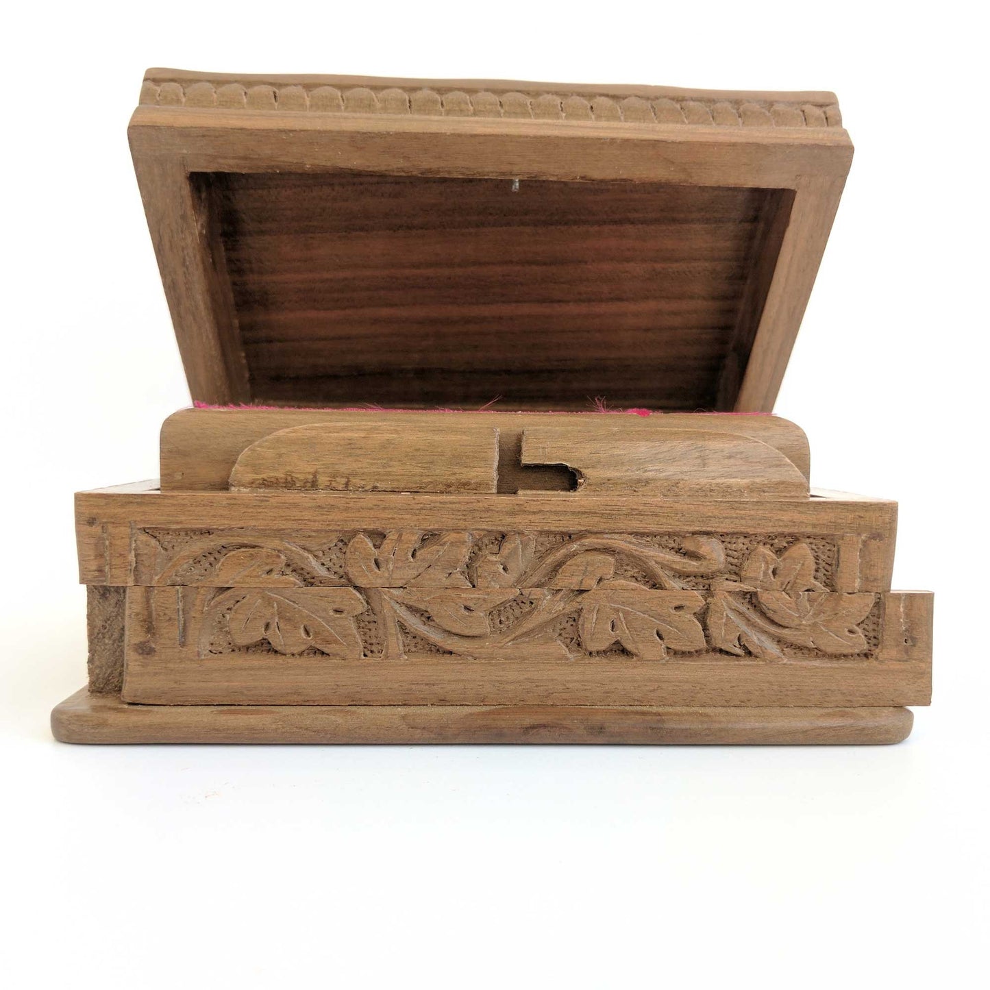 Secret Box made from walnut wood and hand carved flowers and leaves pattern to keep your jewelry safe