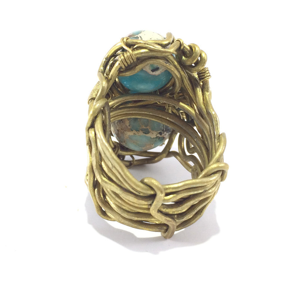 Hancrafted ring with brass wire and amazonite stone