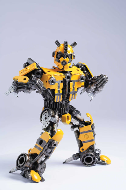 Transformers Bumblebee metal action figure hand-crafted from junk auto parts with attention to detail