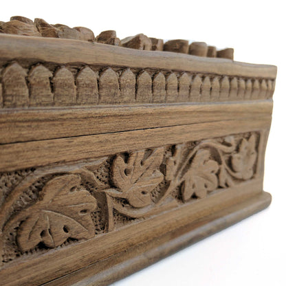 Secret Box made from walnut wood and hand carved flowers and leaves pattern to keep your jewelry safe