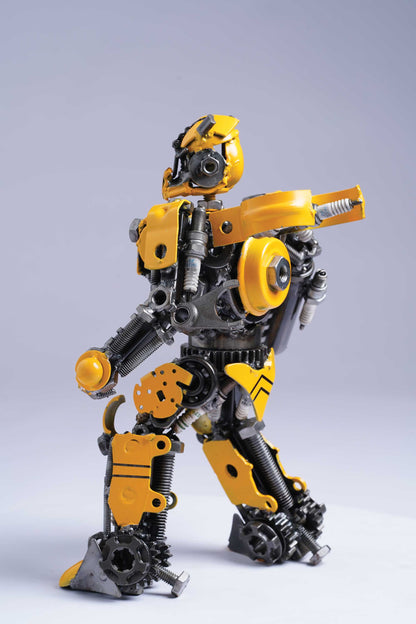 Transformers Bumblebee metal action figure hand-crafted from junk auto parts with attention to detail