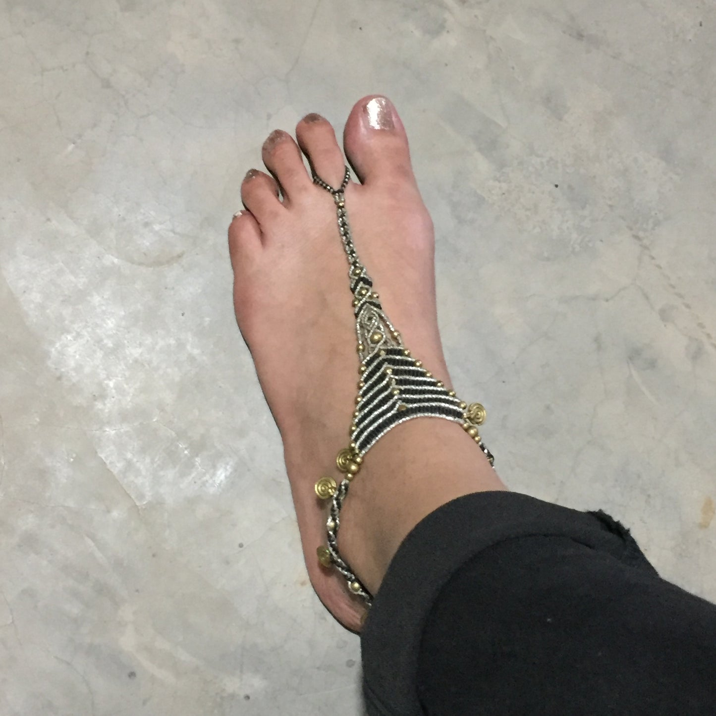 Bare Foot Sandals black and silver color with brass elements