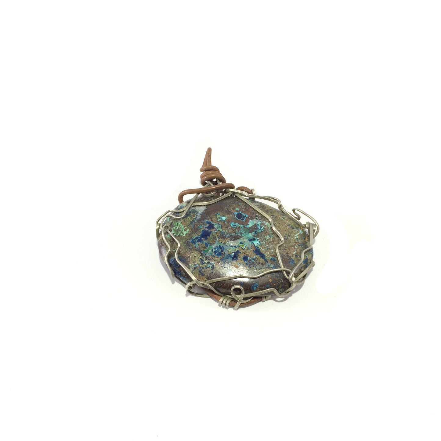 Pendant handcrafted from azurite stone, copper and brass wire