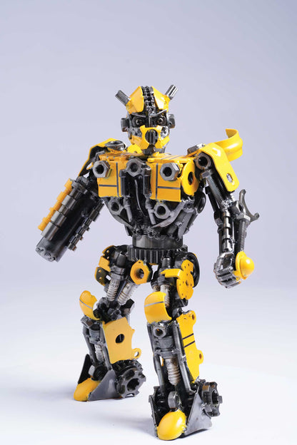 Transformers Bumblebee metal action figure hand-crafted from junk auto parts with attention to detail